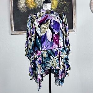 BCBGMAXAZRIA Womens Asymmetrical Abstract Floral Mock Neck Blouse Size Small